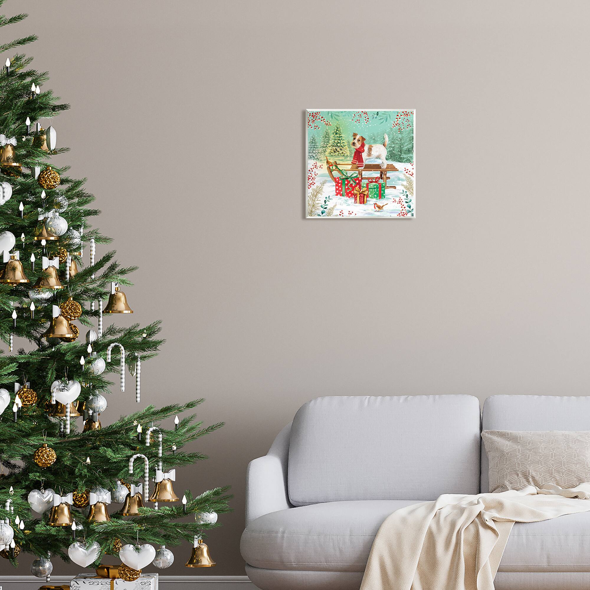Stupell Industries Puppy on Sled with Christmas Gifts Wall Art Plaque